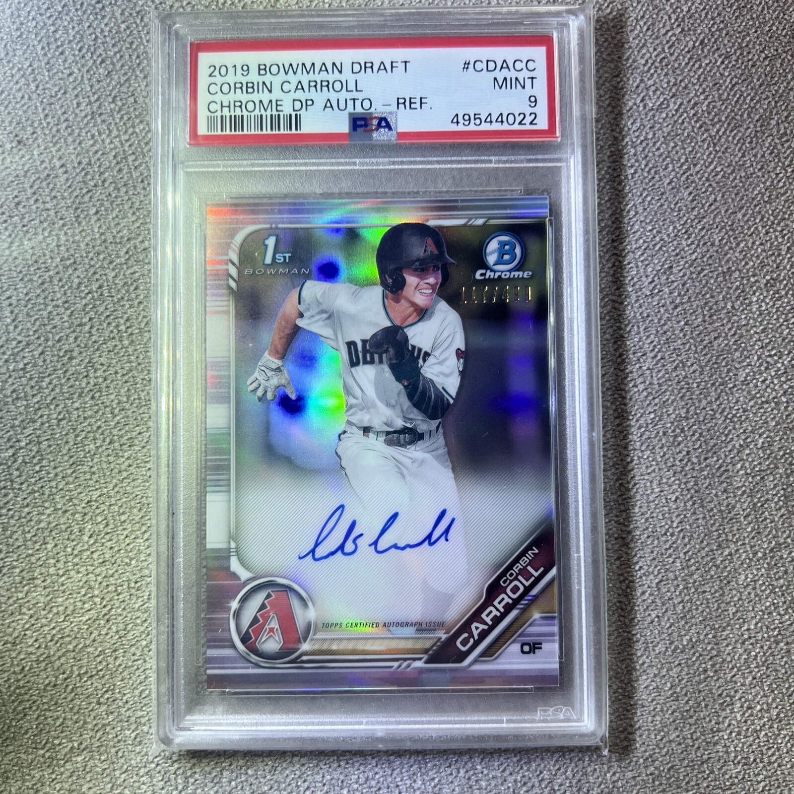 2019 Bowman Chrome 1st CORBIN CARROLL AUTO /499 Refractor PSA 9 Prospects Rc
