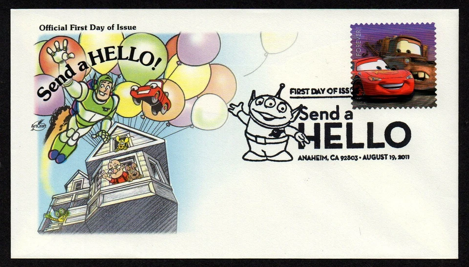 USA, SCOTT # 4553-4557, ARTCRAFT FDC COVERS SET SEND A HELLO, DISNEY PIXAR 2011 - Image 2 of 4