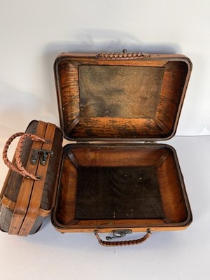 Vintage Woven Bamboo Suitcase Set of 2 Decorative Wooden Storage Trunk Basket