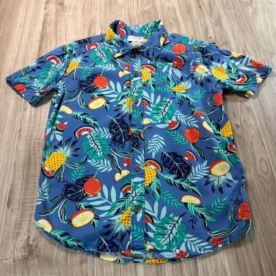 Caribbean Joe Kids XL 14 Blue Tropical Fruit Pineapple Watermelon Button Shirt