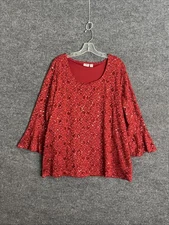 Cato Womens Blouse Plus Size 22/24 Red Lace Sequins Stretch Whimsy Fairy Vamp