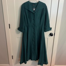 J. Peterman Dress Vintage Sz 16 Green Button Front Fit Flare Shirt Midi Classic