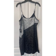 Express Women's Sequin Mini Slip Holiday Cocktail Dress V-Neck Black Silver L