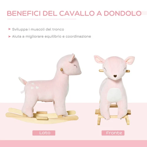 HOMCOM Cavallo a Dondolo per Bambini 3-6 Anni Cervo in Peluche Rosa 68x35.5x64cm - Foto 5 di 10
