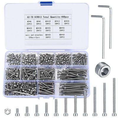 M3 Schrauben Muttern Set, Edelstahl, Sechskant,Variety Pack, 440 Stück