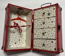 Vintage 1950's Red Metal Doll Wardrobe Box with 4 drawers and 1 hanger.