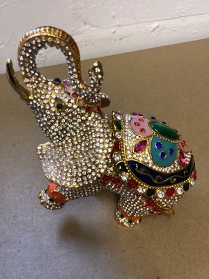 Goldfarbene Elefant Schmuckschatulle mit Schmucksteinen aufklappbar Schmuckkästchen Figur ca. 