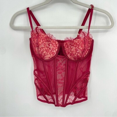 Victoria s Secret Sheer Lace Lingerie Corset top Red Burgundy Size 36C