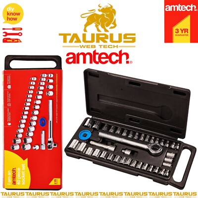 40 x AMTECH 1/4'' | 3/8'' Socket Driver Set Metric Imperial Ratchet Bolts Spark UK