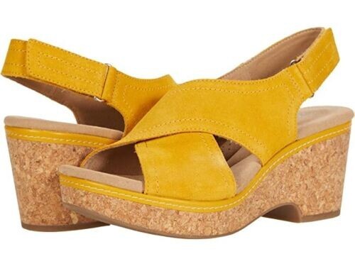 Clarks Womens Giselle Cove Wedge Sandal Yellow Suede Sz M