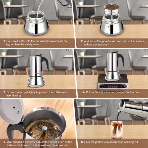 2-Cup Stovetop Espresso Maker 100ml Stainless Steel Moka Pot for Home & Camping - Picture 9 of 9