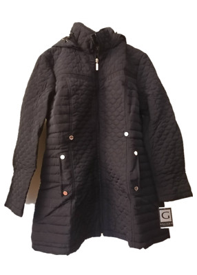 Gallery Hooded Quilted Coat Jacket In Black, Size M