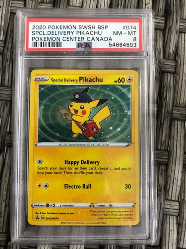 2020 Pokemon SWSH074 Special Delivery Pikachu Pokemon Center Canada Holo PSA 8
