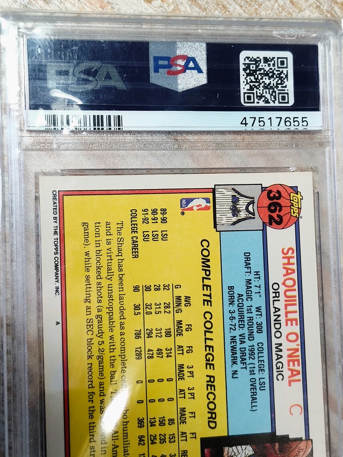 1992 Topps Shaquille O'Neal #362 PSA 8 Orlando LA Lakers HOF Shaq NM-MT view 6
