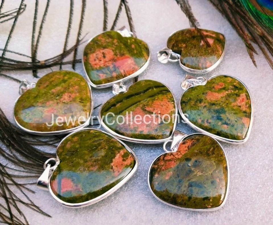 Green Unakaite Gemstone Heart pendant Handmade Bezel Pendant Women Jewelry B117 - Image 3 of 4