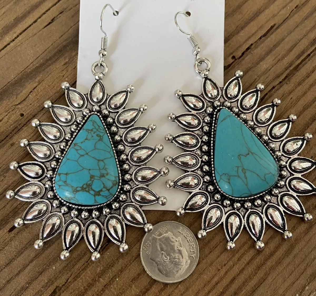 Western Silver Tone Faux Turquoise Large Earrings | eBay