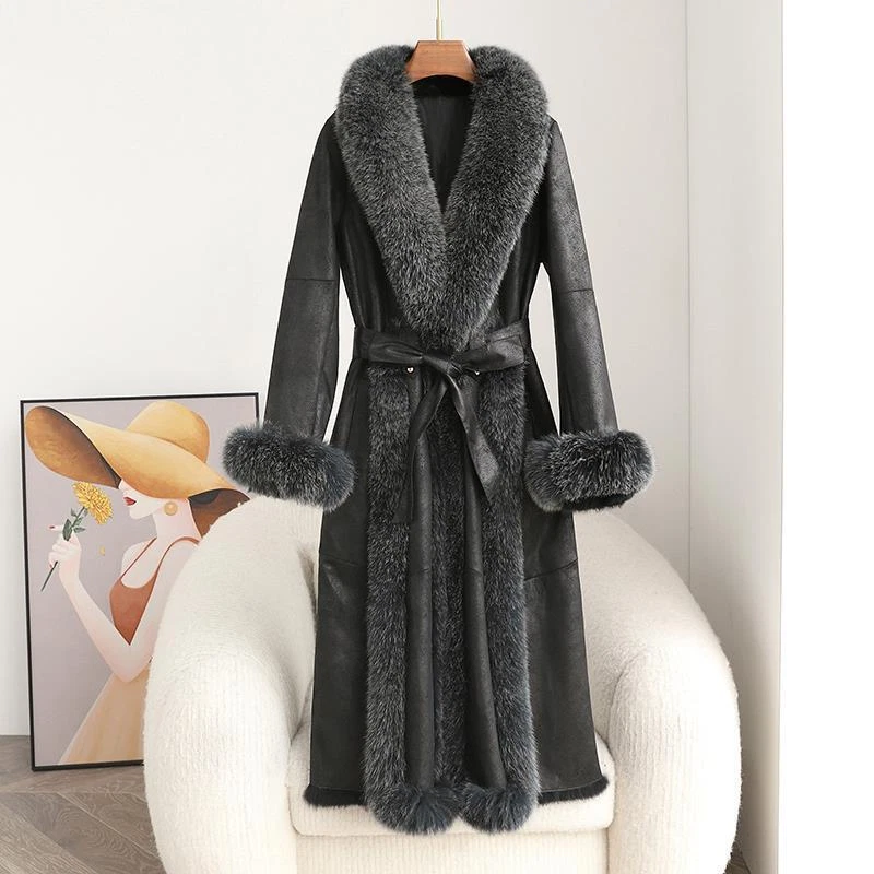 Abrigo largo medio medio para mujer Abrigo cuello de piel de zorro real forrado de piel de conejo Parka de invierno Foto 3 de 4