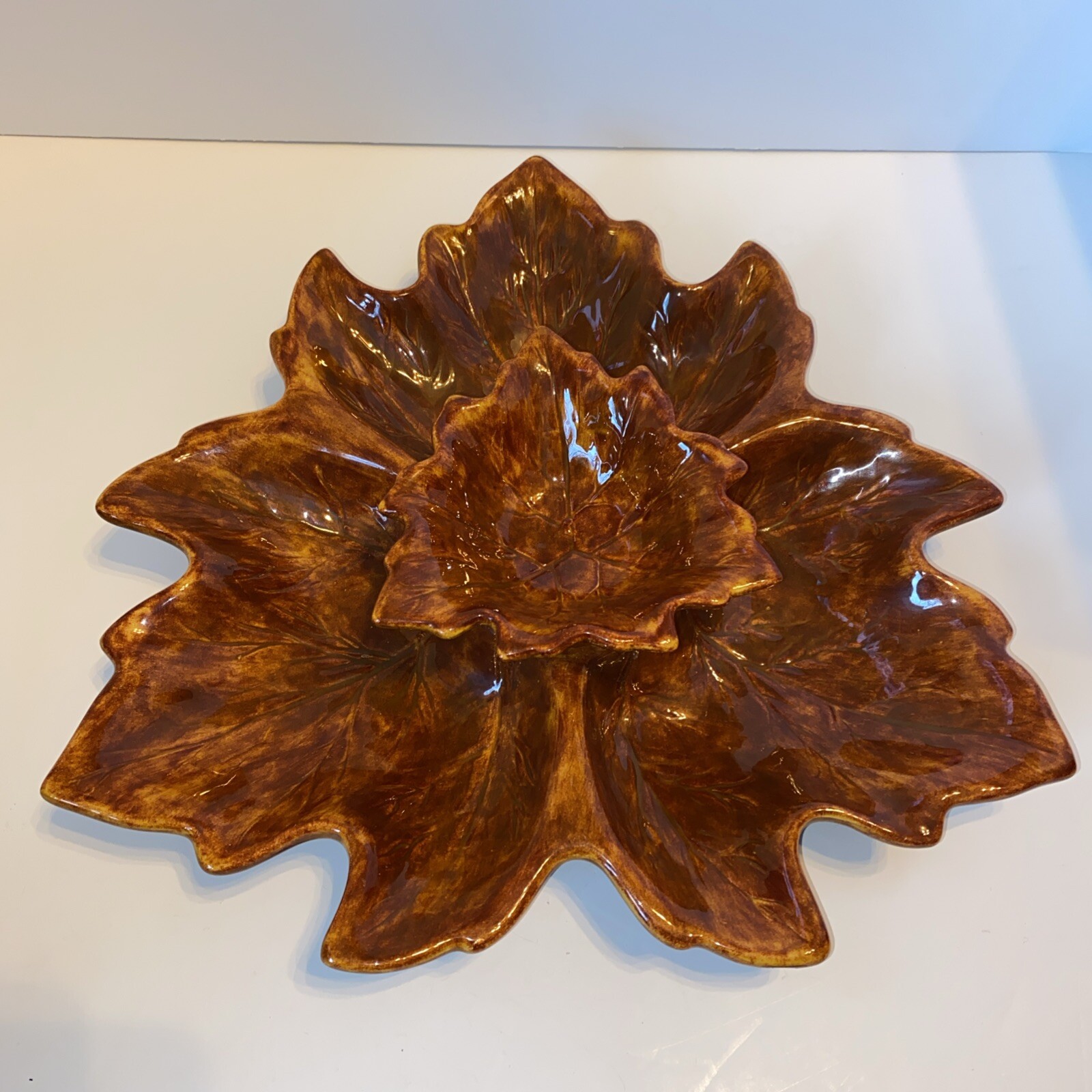 Vintage Orange Glaze Holland Mold Fall Leaf Relish Plate Dip Set Ceramic Tray