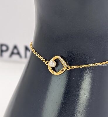 NEW 100% PANDORA 14k G P Organically Shaped Pavé Circle Pearl Bracelet 563830C01