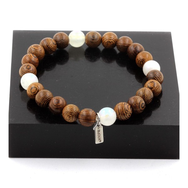 Mineralien Und Edelsteine. Armband Perlen Mondstein + Holz 8 Mm. Fab-image