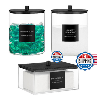 Glass Jars and Acrylic Dryer Sheet Holder, Laundry Pods Container with Bamboo Li