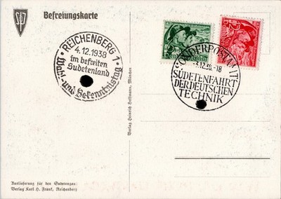 Sudetenfahrt der Deutschen Technik SST 1938+ Reichenberg Wahltag Befreiungskarte
