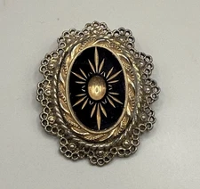 Vintage Victorian Revival Black Glass Mourning Brooch Pendant Gold Tone