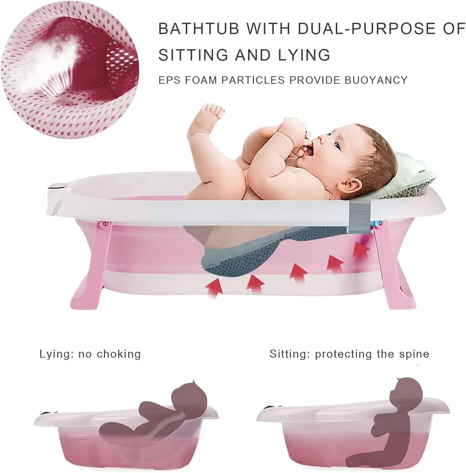 Tragbare faltbare Baby Badewanne mit Thermometer und Kissen Sicherheitssitz - Rosa - Bild 2 von 4