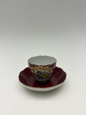 Meissen Prunk Mokkagedeck mit Blumenbukett in Purpur und Goldrand