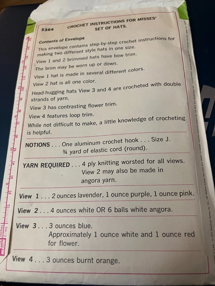 MISSES'- CROCHET Pattern-SIMPLICITY #5284-4 CROCHET HATS ONE SIZE (1972) - Image 2 of 2