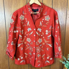 Vintage Silk Land Red Embroidered Floral Mandarin Collar Jacket Blazer Women's M