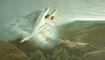 Alter Druck mit dem Titel Die erste Osterdämmerung mit Engeln religiöse Kunst 