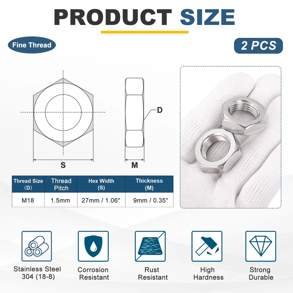 2 Stück M18x1.5 Stahl Sechskantmuttern 27mm / 1.06" Breite 9mm / 0.35" Höhe - Bild 2 von 4