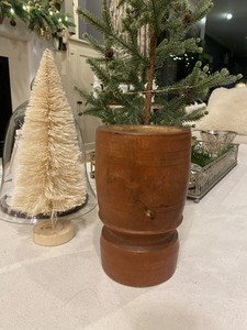 Antique Turned original Red Paint Wood Primitive Early Mortar And Pestle 