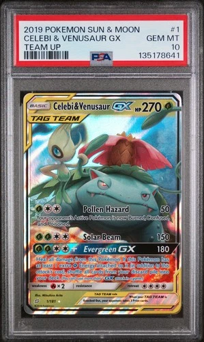 2019 POKEMON SUN & MOON TEAM UP #1 CELEBI & VENUSAUR GX PSA 10