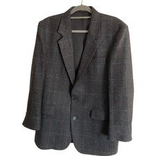 Vintage Gallery Haggar Blazer Men's 42 Charcoal Gray Plaid Wool Sport Coat Suit