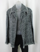 Sportmax Gray Black Herringbone Print 100% Wool Fringe Hem Open Jacket Size 10