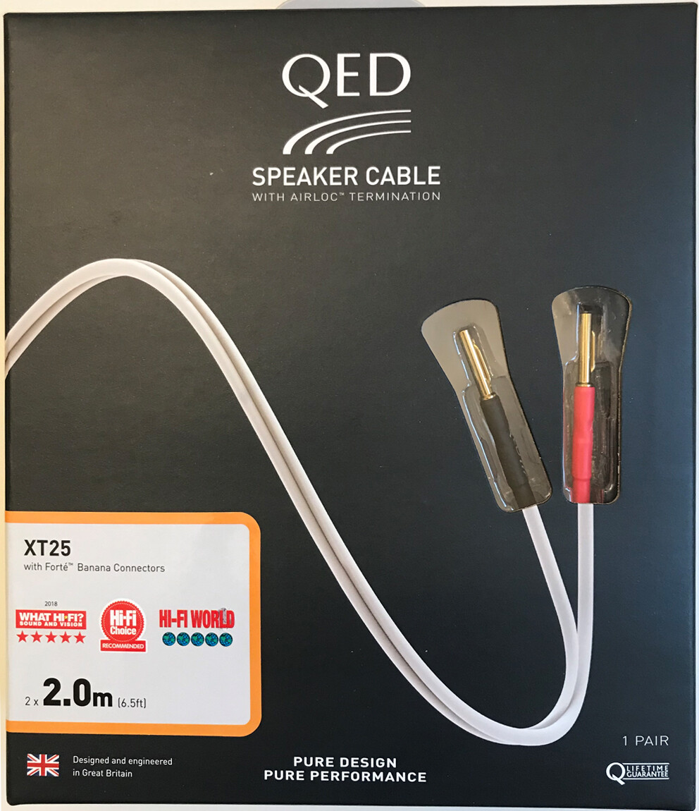QED XT25 Speaker Cable - 2 Metre Pair - Boxed Factory Banana Terminated 2M 200cm