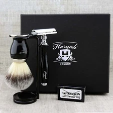 Shaving Set Synthetic Brush & Safety Razor Classic Grooming Kit Ready To Use