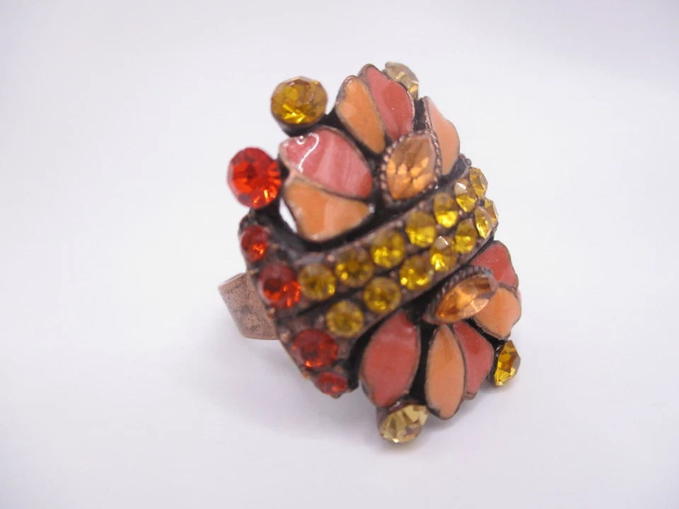 Grueso naranja amarillo pastel circonita cúbica esmalte declaración boho anillo ajustable talla 8 0109 Foto 2 de 4