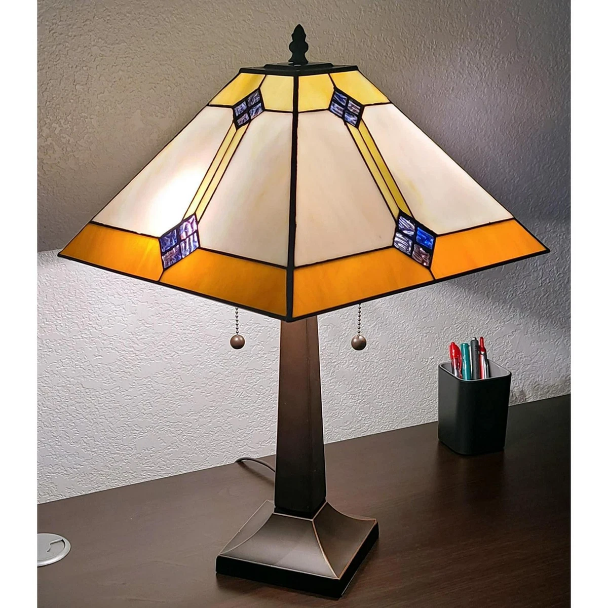 Table Lamp Gold Amber and Creme Tiffany Style Stained Glass
