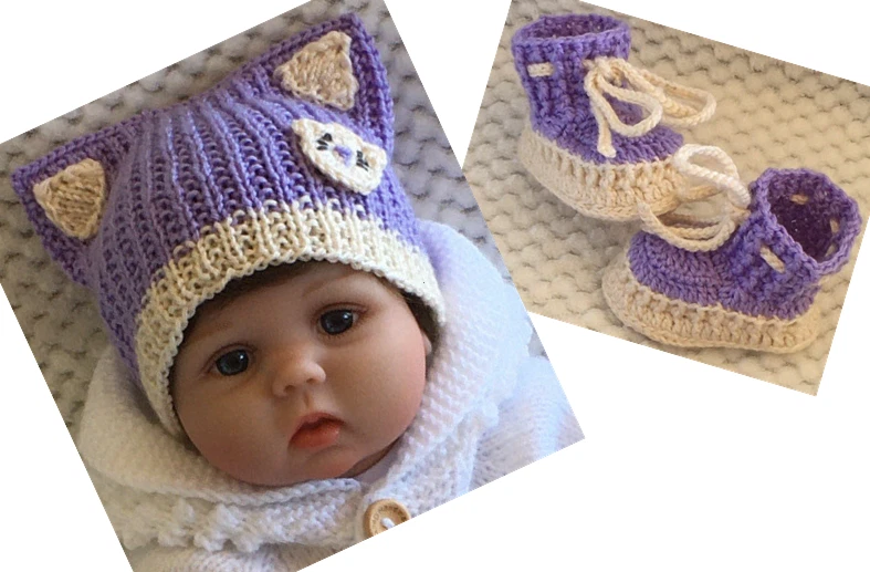 Hand Knitted Lilac Baby Set Cat Beanie Hat Booties eBay