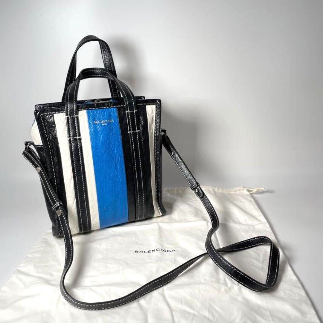 BALENCIAGA Bazar Shopper S-Size 2-way Tote Bag Shoulder Bag Black Blue White