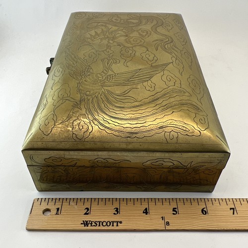 Chinese Brass & Wood Trinket Box Dragon Etched Keepsake Antique 6X10 - Picture 10 of 10