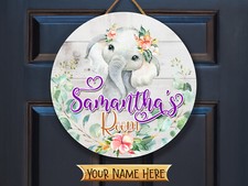 Custom Name Door Sign for Girls Kids Room Home Decor Cute Animal Elephant ANM007