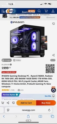 IPASON Gaming PC Ryzen 5 9600X RX 7650 GRE 16GB DDR5 1TB SSD WiFi Win11 RGB