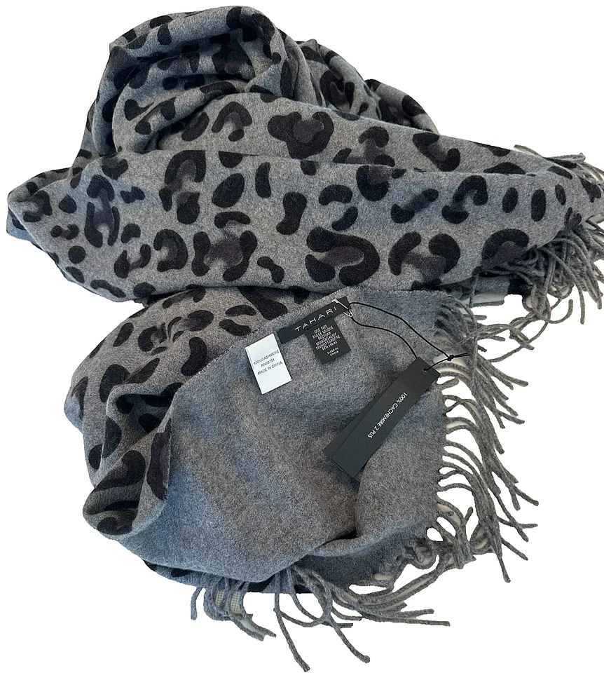 TAHARI 100% 2 PLY CASHMERE 动物印花 灰色/黑色 Throw Blanket 全新带标签 — 第 3/4 张图片