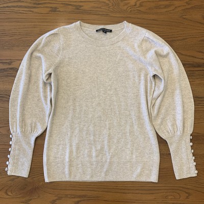 XS Boston Proper 100% Cashmere Button Cuff Puff Sleeve CrewNeck Sweater Beige