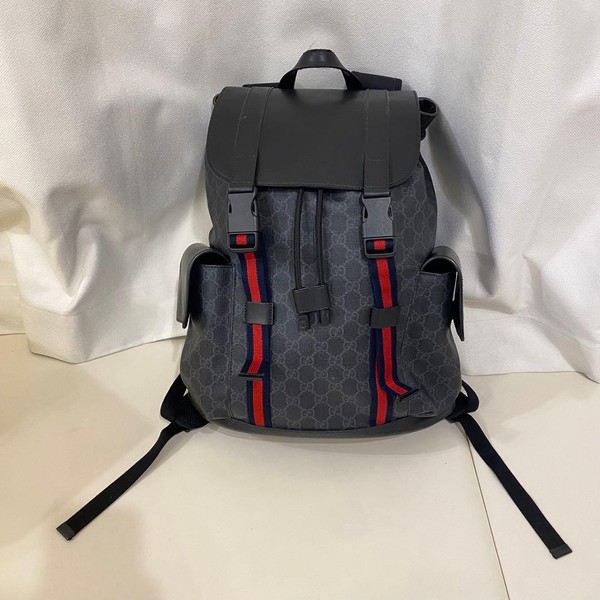 Gucci GG Supreme Black Canvas Monogram Calfskin Double Buckle  Backpack Size16in