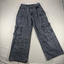 Rise Cargo Jeans Womens Size 11 Black Wash Denim Wide Leg Baggy Y2K Skate Grunge